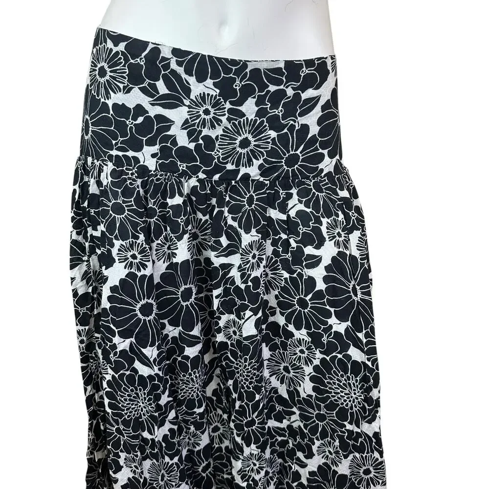 By Anthropologie Black White Floral Tiered Maxi Skirt L